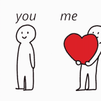 A Cartoon Of Two People Holding Hands With The Words `` You Me '' Written Above Them . GIF