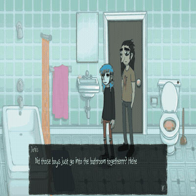 A Cartoon Of Two People In A Bathroom With The Words " Did Those Boys Just Go Into The Bathroom Together " On The Bottom GIF