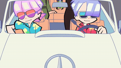 A Cartoon Of Two People In A Car With A Mercedes Logo In The Hood GIF