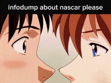 A Cartoon Of Two People Kissing With The Words Infodump About Nascar Please GIF