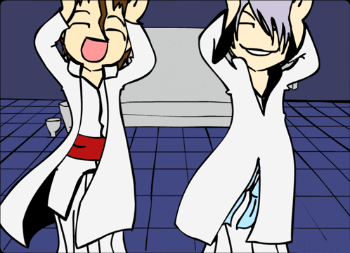 A Cartoon Of Two People Laughing With Their Arms Up GIF