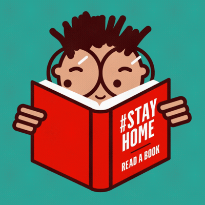 A Cartoon Of Two People Reading A Book That Says " Stay Home Read A Book " GIF