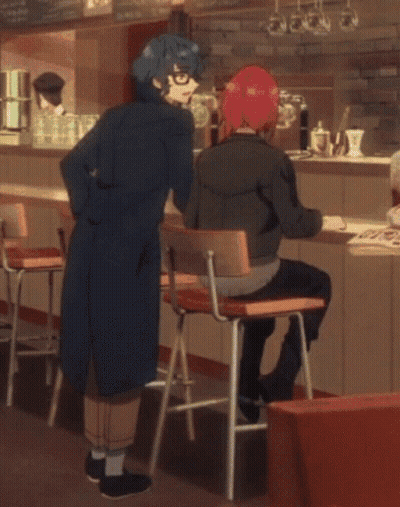 A Cartoon Of Two People Sitting At A Counter In A Restaurant GIF