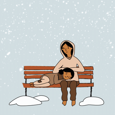 A Cartoon Of Two People Sitting On A Couch With Snow Falling GIF