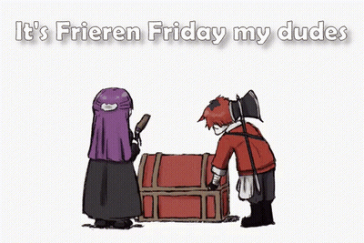 A Cartoon Of Two People Standing Next To A Box That Says It 'S Frieren Friday My Dudes On It GIF