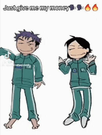 A Cartoon Of Two People Standing Next To Each Other With The Words Just Give Me My Money . GIF