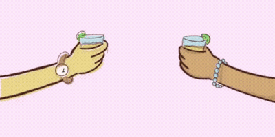 A Cartoon Of Two People Toasting With Drinks GIF