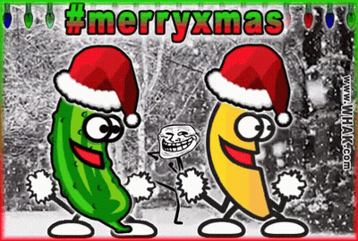 A Cartoon Of Two Pickles Wearing Santa Hats With The Words Merryxmas Above Them GIF