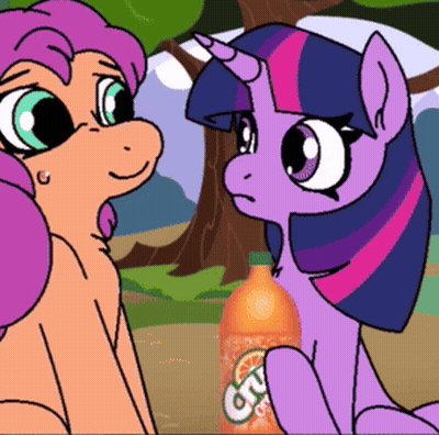 A Cartoon Of Two Ponies Sitting Next To A Bottle Of Orange Soda GIF