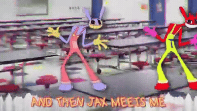 A Cartoon Of Two Rabbits Dancing In A School Cafeteria With The Words And Then Jax Meets Me Below Them GIF