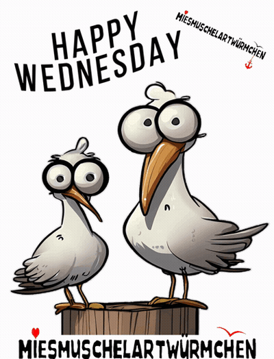 A Cartoon Of Two Seagulls Standing On A Barrel With The Words Happy Wednesday Written Above Them GIF