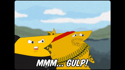 A Cartoon Of Two Sharks With The Words Mmmm Gulp On The Bottom GIF