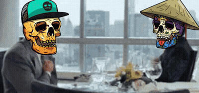 A Cartoon Of Two Skulls Sitting At A Table With One Wearing A Hat With The Letter B On It GIF