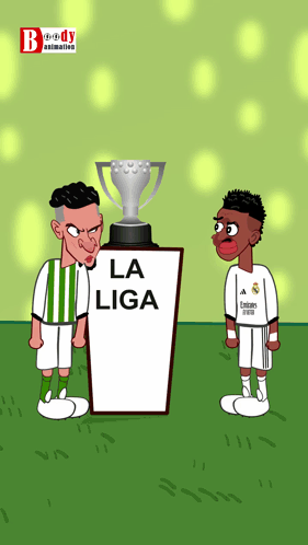 A Cartoon Of Two Soccer Players Standing Next To A Trophy That Says La Liga GIF