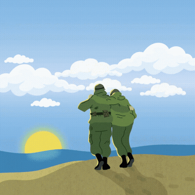 A Cartoon Of Two Soldiers Hugging Each Other Looking At The Ocean GIF
