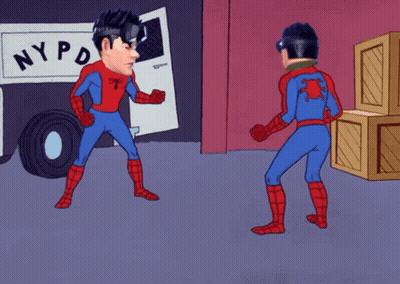 A Cartoon Of Two Spidermans Pointing At Each Other In Front Of A Nypd Truck GIF