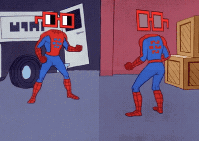 A Cartoon Of Two Spidermans Standing Next To Each Other GIF