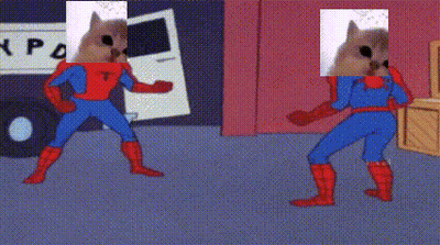 A Cartoon Of Two Squirrels In Spiderman Costumes Standing Next To Each Other GIF