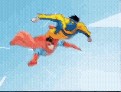 A Cartoon Of Two Superheros Flying In The Air . GIF