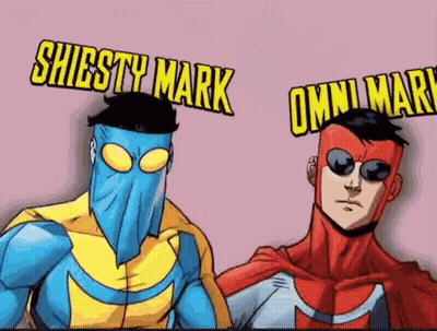 A Cartoon Of Two Superheros Named Shigsty Mark And Omni Mark Standing Next To Each Other GIF