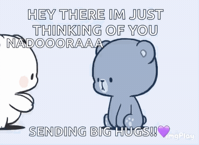 A Cartoon Of Two Teddy Bears Hugging Each Other With The Words `` Hey There Im Just Thinking Of You Nadaooraaa '' GIF