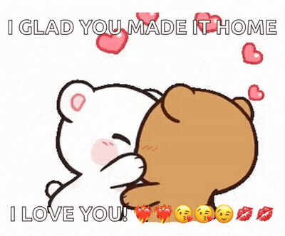 A Cartoon Of Two Teddy Bears Kissing With The Caption I Glad You Made It Home GIF