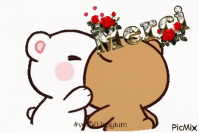 A Cartoon Of Two Teddy Bears Kissing With The Word Merci Written Above Them GIF