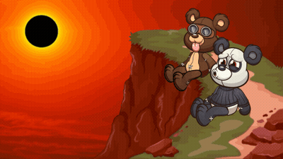 A Cartoon Of Two Teddy Bears Sitting On A Cliff Watching An Eclipse GIF