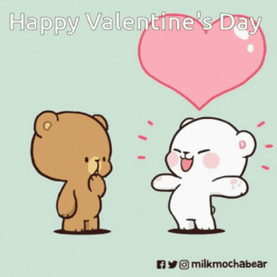 A Cartoon Of Two Teddy Bears Standing Next To Each Other With A Heart Above Them And The Words Happy Valentine 'S Day GIF