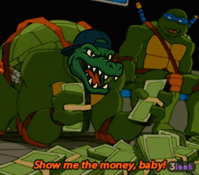 A Cartoon Of Two Teenage Mutant Ninja Turtles And A Crocodile With The Words Show Me The Money Baby GIF