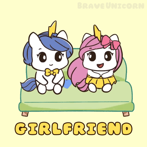 A Cartoon Of Two Unicorns Sitting On A Couch With The Words " Girlfriend " Below Them GIF