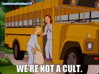 A Cartoon Of Two Women Getting Off A School Bus With The Caption We 'Re Not A Cult . GIF