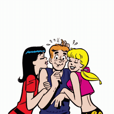 A Cartoon Of Two Women Kissing A Man With A Heart Above Them GIF