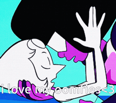 A Cartoon Of Two Women Kissing With The Words " I Love My Oomfries < 3 " Below Them GIF