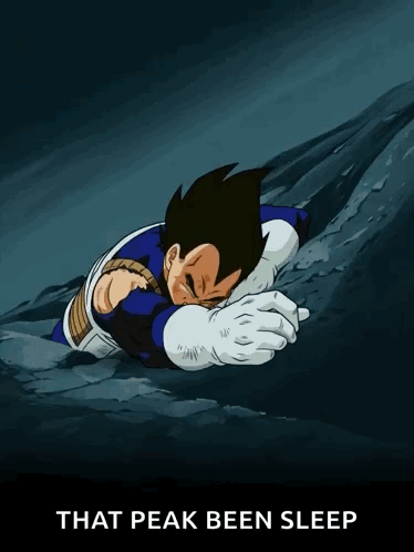 A Cartoon Of Vegeta Laying On A Rock With The Words That Peak Been Sleep Below Him GIF