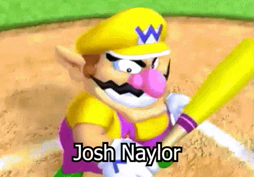 A Cartoon Of Wario Holding A Baseball Bat With The Name Josh Naylor Below Him GIF