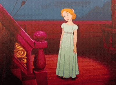 A Cartoon Of Wendy From Peter Pan Standing Next To A Railing GIF