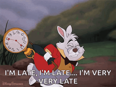 A Cartoon Of White Rabbit From Alice In Wonderland Carrying A Pocket Watch GIF
