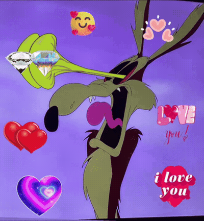 a cartoon of wile e coyote with hearts around him and the words " i love you "