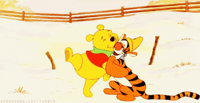 A Cartoon Of Winnie The Pooh And Tigger Hugging In The Snow GIF