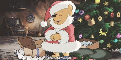 A Cartoon Of Winnie The Pooh Dressed As Santa Claus Says Merry Christmas In Front Of A Christmas Tree GIF