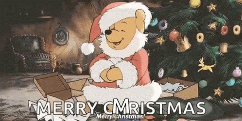 A Cartoon Of Winnie The Pooh Dressed As Santa Claus With The Words Merry Christmas GIF
