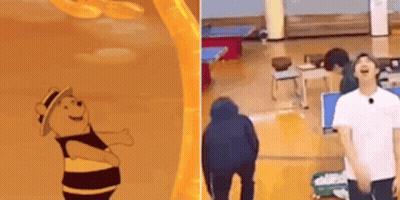 A Cartoon Of Winnie The Pooh Is Next To A Picture Of A Man In A Hoodie In A Gym . GIF