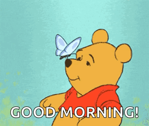 A Cartoon Of Winnie The Pooh Looking At A Butterfly And The Words Good Morning GIF