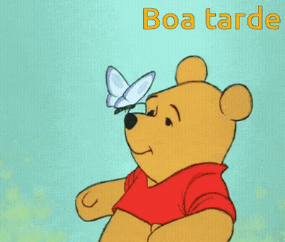 A Cartoon Of Winnie The Pooh Looking At A Butterfly With The Words Boa Tarde Below GIF
