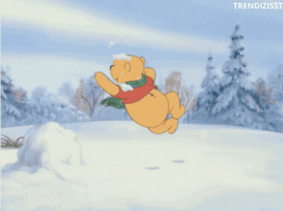 A Cartoon Of Winnie The Pooh Playing In The Snow With The Words Trendizisst Below Him GIF