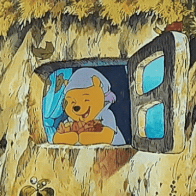 A Cartoon Of Winnie The Pooh Sitting In A Window Holding A Piece Of Food . GIF