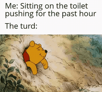 A Cartoon Of Winnie The Pooh Sitting On The Toilet Pushing For The Past Hour The Turd . GIF