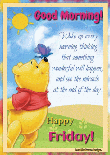 A Cartoon Of Winnie The Pooh With A Butterfly On His Head And The Words Good Morning Happy Friday GIF
