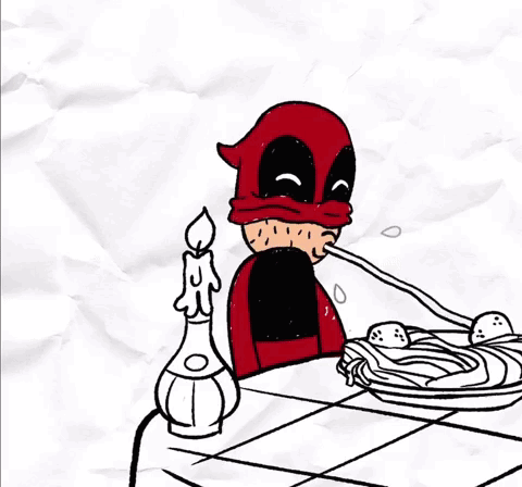 A Cartoon Of Wolverine Deadpool And A Pug Eating Noodles GIF
